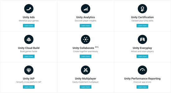 Screen Capture of the Unity services page